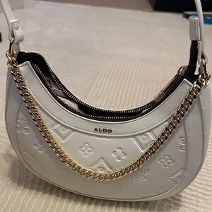 Aldo Elegant White Shoulder Half Moon Bag with Gold Chain, NWOT